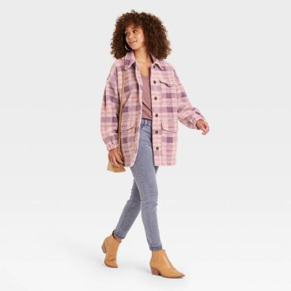 Universal Threads Oversized Purple Plaid Button U… - image 1